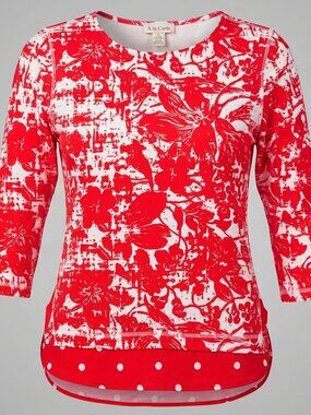 Womens 3/4 Slv Med Novelty Top Red/wht Tunic style floral pattern a la carte